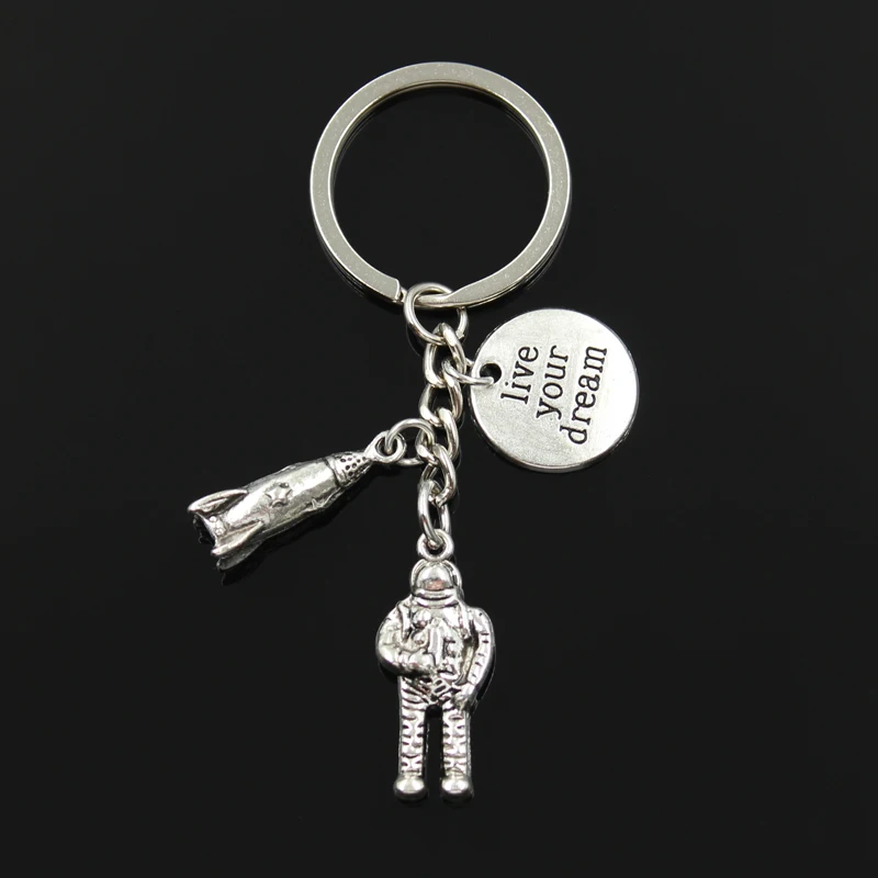 Moda 30mm breloczek do kluczy biżuteria srebrny kolor wszechświat astronauta rakieta statek kosmiczny "Live Your Dream" mam nadzieję, że uwierzyć, że wisiorek