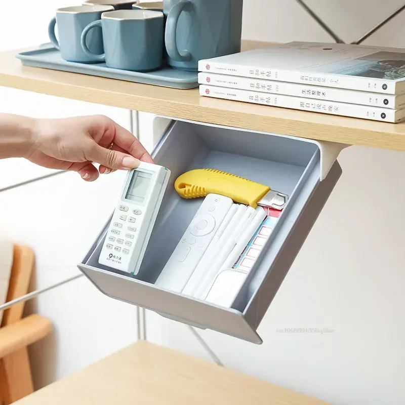 Hidden hanging storage box kitchen drawer punch-free storage box under the table self-adhesive drawer box fork spoon tray