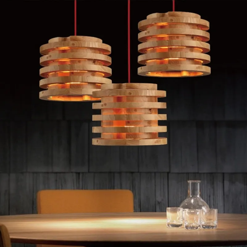 Solid Wood Pendant Lights 26cm Round Multi Layer Chandeliers Kitchen Decor Luminaire Suspension Living Room Hanging Lamp