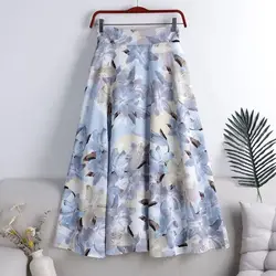 Elegant Fashion Printing Slim A-line Skirt Women Classic Flower High Waisted Loose Korean Casual All-match Lady Midi Skirt