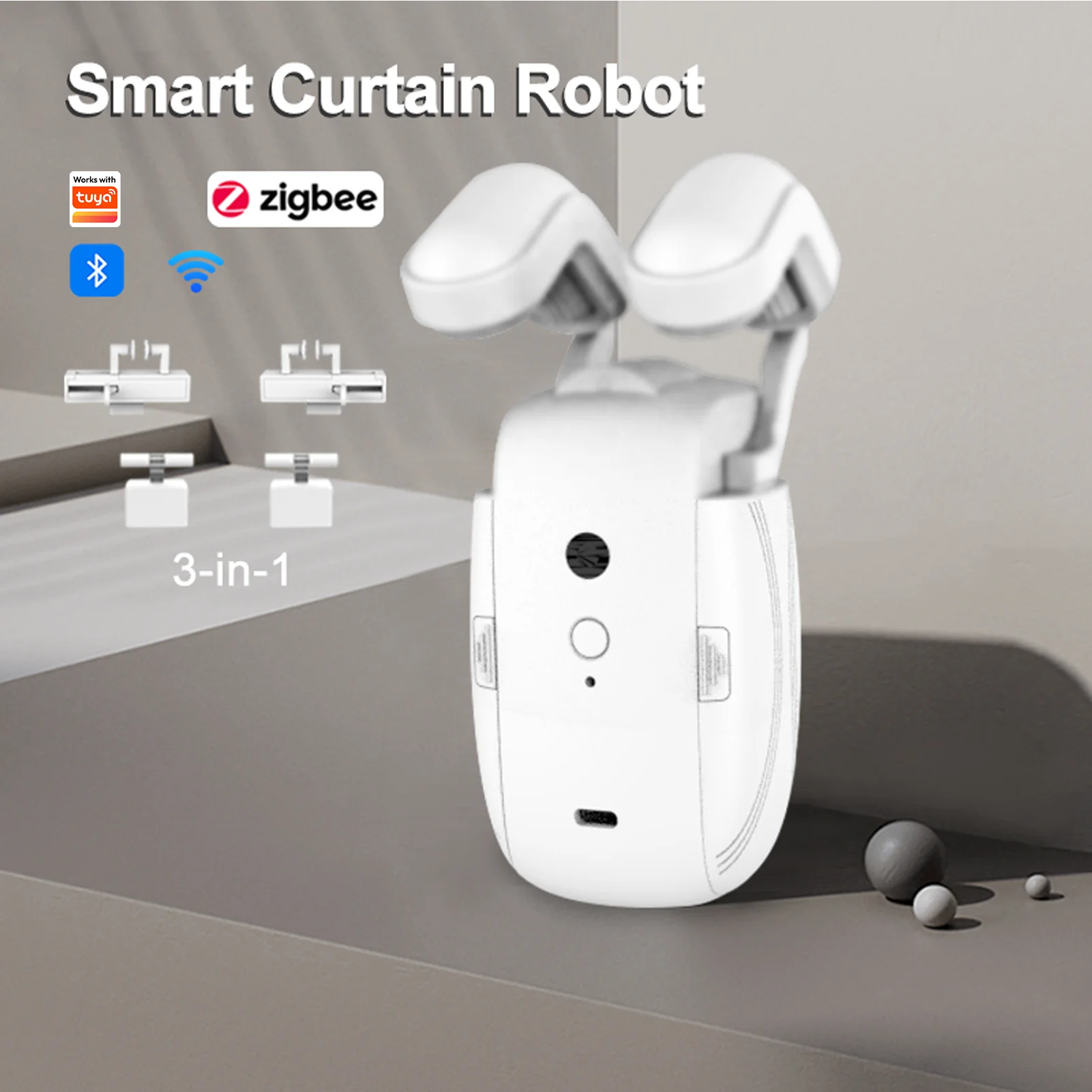 Works with Tuya Automatic curtain robots Smart curtain opener Roman rod TU remote control 3-in-1 Light Sensor, Easy Installation