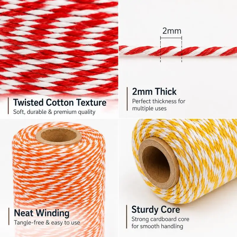 100M 2mm Zweifarbige Baumwollschnur für Heimdekoration, Handgemachte Weihnachtsgeschenkverpackung, Basteln und DIY Geschenkverpackung – Detail 4