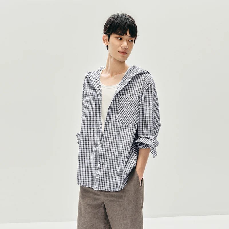 Semir قميص طويل الأكمام الرجال منقوشة ملابس خارجية خفيفة الوزن 2025 الخريف جديد مقنعين ملابس فضفاضة كلاسيكية متعددة الاستخدامات للرجال