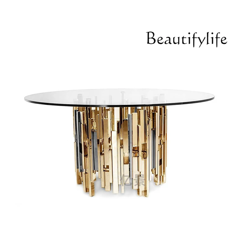 Modern simple tempered glass dining table, living room high-end mirror stainless steel round household dining table
