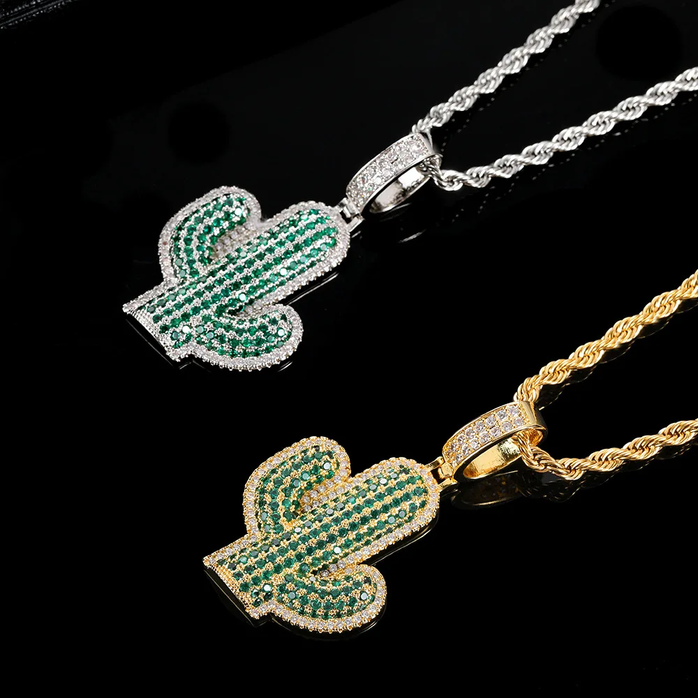 Hiphop Solid Cactus Copper Set Zircon Pendant Street Fashion Brand Hiphop Men's Necklace