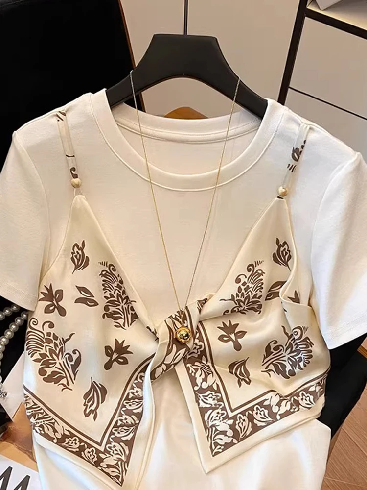 Sommer Schwergewicht Seidenschal Gespleißt ort Sve T-shirt Damen Lose Vielseitig Abnehmen oulder Level Top