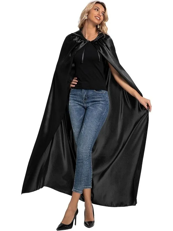 Red Satin loween  Hooded Cloak Cosplay Stage Costume Bright Surface Treaent Women's Ethnic Wear T Top