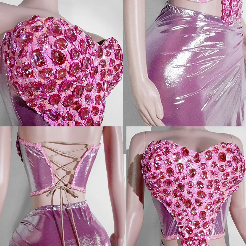 طقم علوي مثير للسيدات موديل 2025 مزين بالترتر الوردي اللامع مكون من قطعتين للاحتفال بعيد الميلاد والنوادي الليلية أداء الراقصة ملابس المسرح #4
