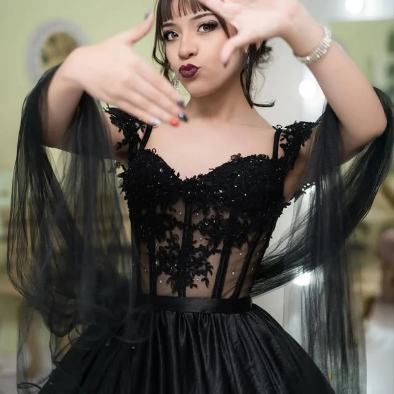 

Satin black Quinceanera Dress off-shoulder Lace flower decal vestidos de 15 Quinceanera ﻿Customize