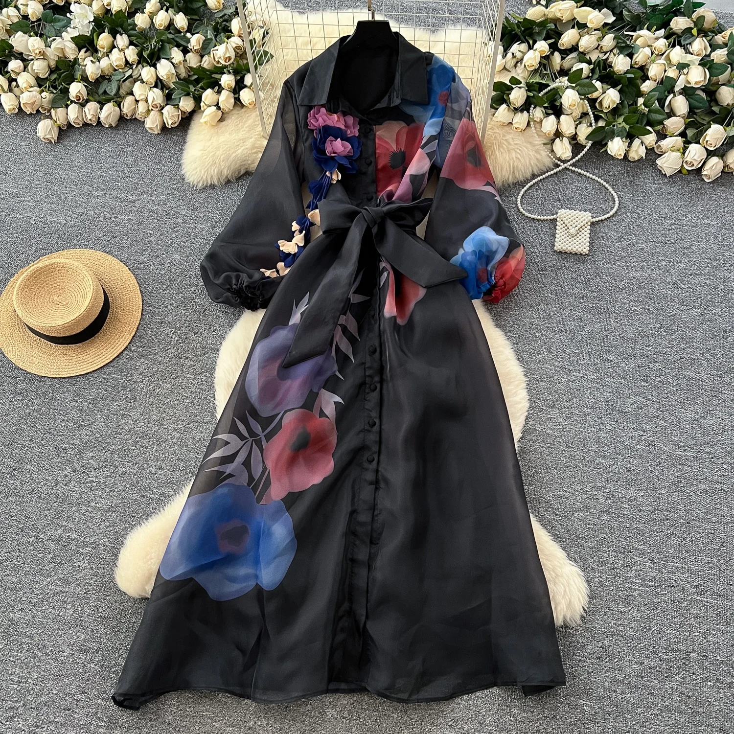 Clothland Damen Vintage Blumenhemd Kleid Schärpen Laterne Ärmel Einteiler Weiß Schwarz Mesh Retro Maxikleider QE197