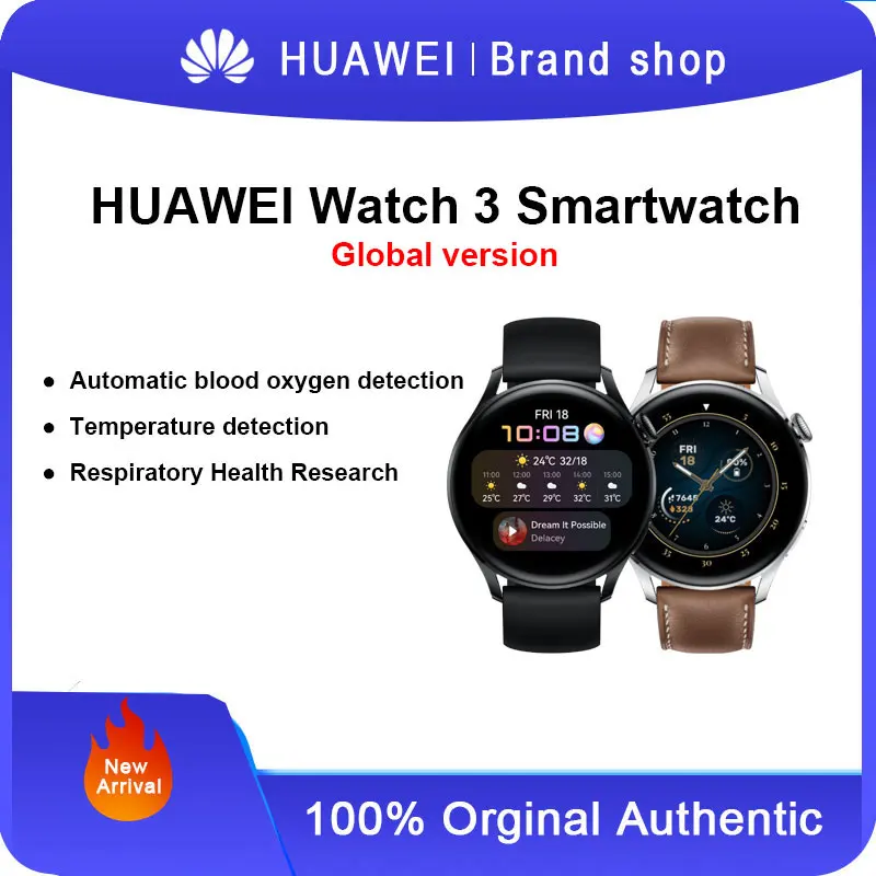 Global Huawei Watch 3 Sports Smart Watch eSIM Independent Calling Temperature Blood Oxygen and Breathing Monitoring for Adults