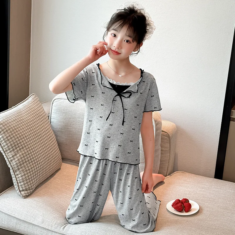 Bow Pajamas Three-piece Girls Summer Short-sleeved Loungewear Modal Fake Two-piece Top Pajama Set