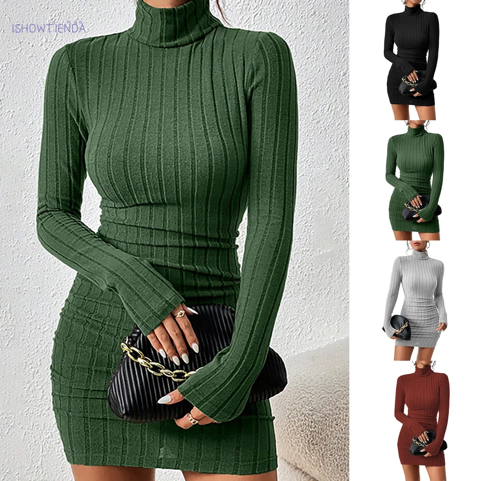Vestido de punto para mujer elegante para fiesta de otoño invierno, cuello alto, mangas largas, sexy, ajustado, mini vestido para club