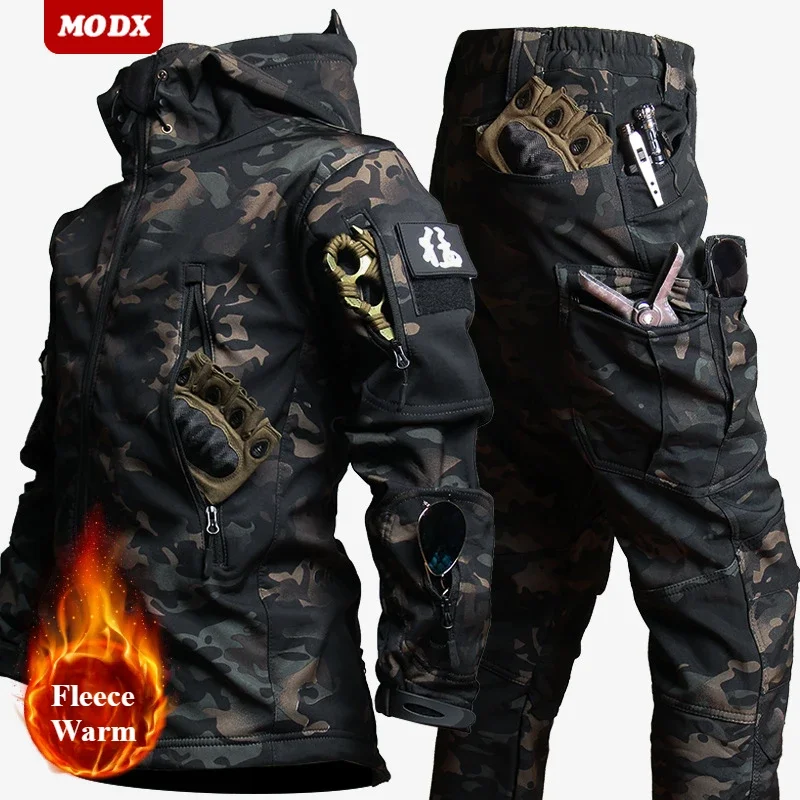 Winter Fleece Soft Shell Taktische Set Männer Multi Tasche Verdicken Jacke + Warme Lange Hosen 2-stück Winddicht Tragen beständig Arbeits Anzug