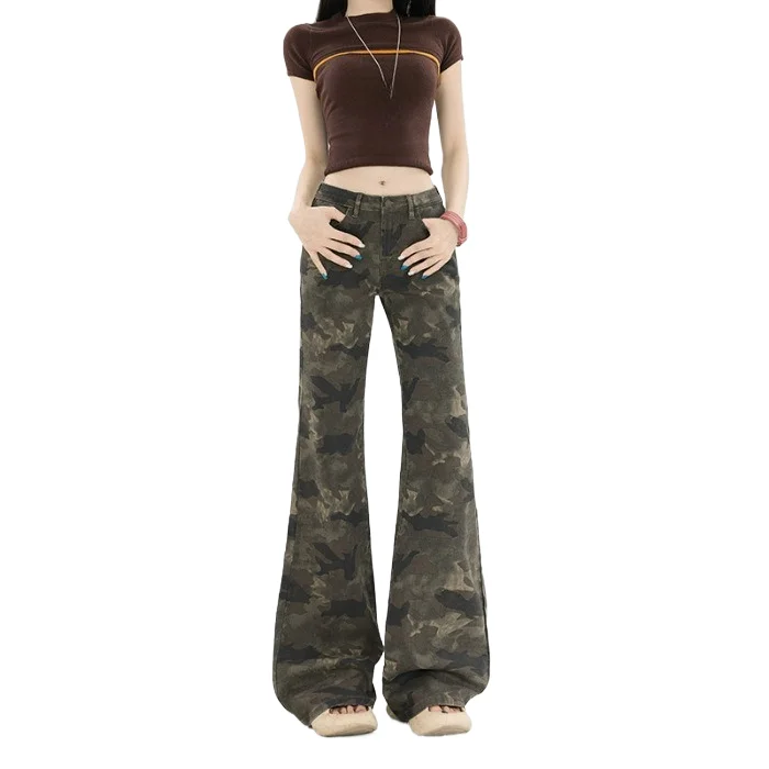 

Four Seasons New Washed Camouflage Micro-flared Jeans. Fashionable and Versatile Korean-style Casual Floor-length Jeans for Wome