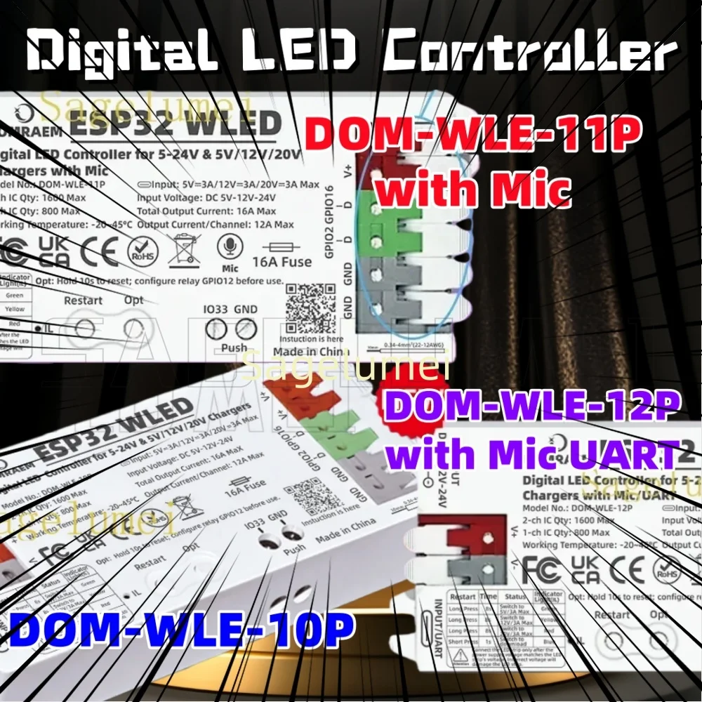 وحدة تحكم DOMRAEM ESP32 WLED الجديدة المزدوجة PSU (PD و5-24V DC) 16A Fuse تدعم WS2812B WS2805 SK6812 APA102 شرائط LED الرقمية وما إلى ذلك