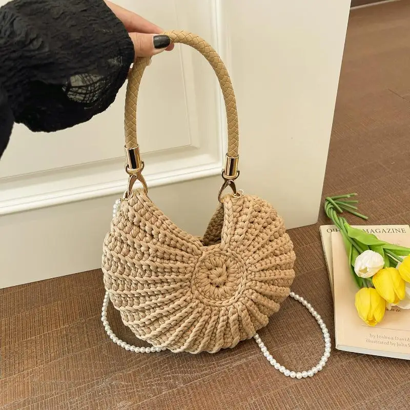Muschelschalen-Strick-Häkel-Umhängetasche, Perlenketten-Handgewebte Damen-Schultertasche, Elegante Zarte Niedliche Kompakte Handtasche