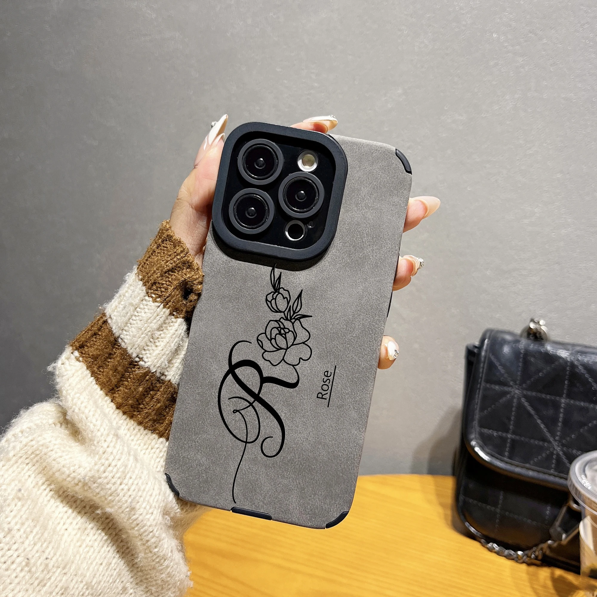 

Rose Pattern Customized Name Phone Case for iPhone 16 15 14 13 12 11 Pro Max Faux Leather Laser Engraving Shockproof Phone Cover
