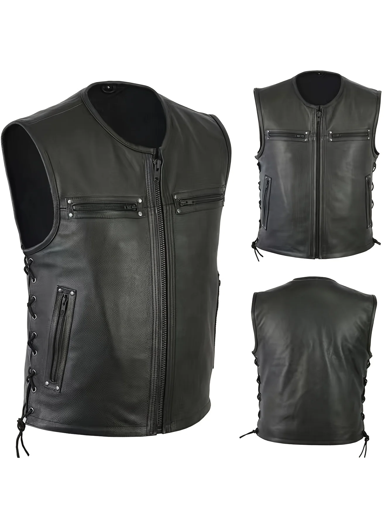 

Men Solid Color Vest Motorcycle Fleet Punk Leather Vest Coat Sleeveless O-Neck Zipper Slim Jacket Autumn Work Coats Male Wear
