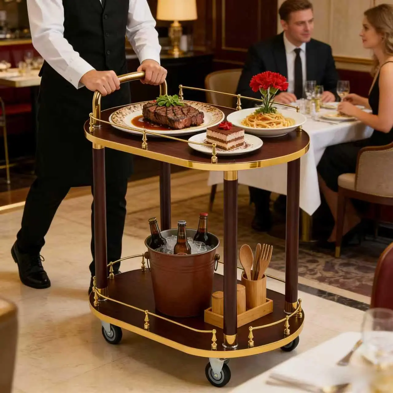 Home Bar Serving Cart, 2-Tier Kitchen Utility Cart on Wheels with Storage, with Brakes,Modern Wine Cart Serving Trolley