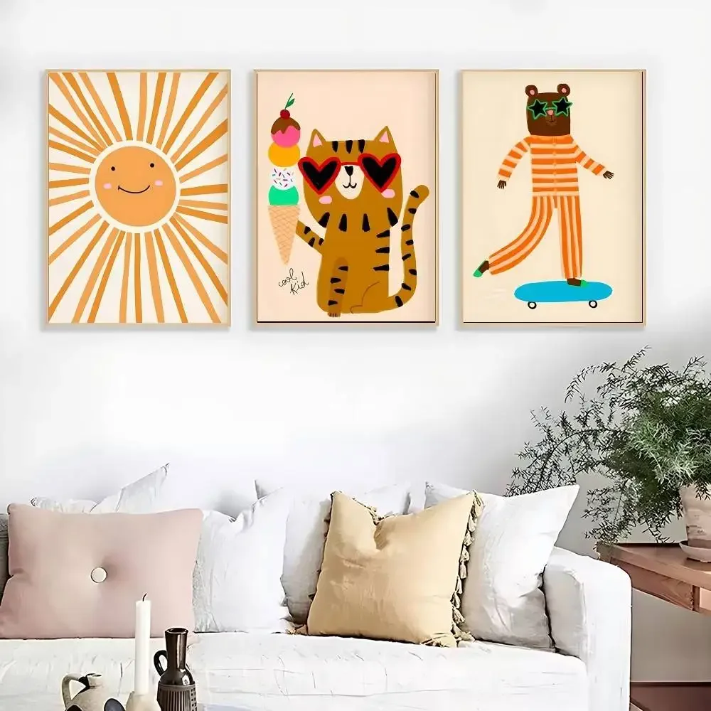 Animals Poster Prints Nordic Floral Bunnies Nursery Posters Kraft Paper Poster Wall Art Painting Aesthetic Art Wall Stickers