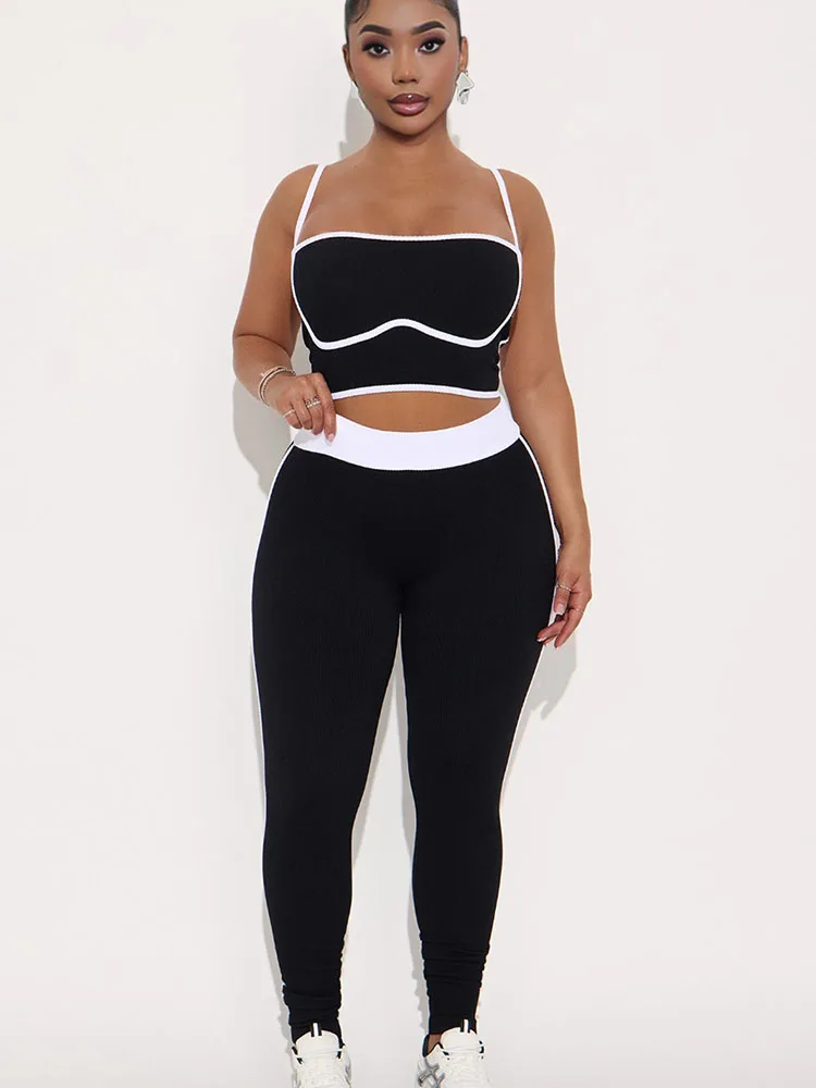 Doyerl Setelan Olahraga Rajutan Bergaris Wanita Dua Potong Set Kamisol Kebugaran Sporty Atasan Crop dan Celana Olahraga Jogger Set Yoga Lari