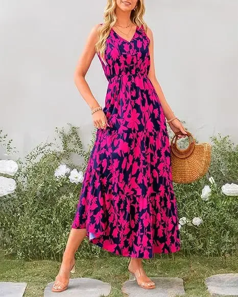 Women Floral Pattern Long Dress Sexy Sleeveless V-neck Print Dress New Summer Casual Vacation Boho Beach Maxi Dress Lady Vestido