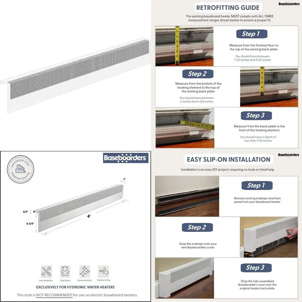 Copertura per riscaldatore da battiscopa idraonico in acciaio zincato da 4 piedi - Facile slip-on, bianco, compatibile con il sistema idrico, serie base