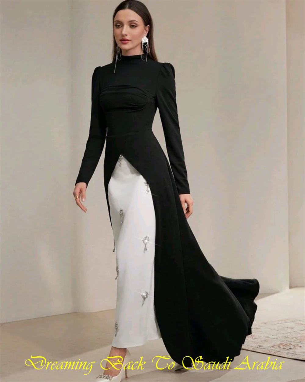 تخصيص كلاسيكي أسود جيرسي مساء اللباس الكلاسيكي س الرقبة طويلة الأكمام فساتين المشاهير حساسة مستقيم كريستال فساتين حفلة موسيقية #3