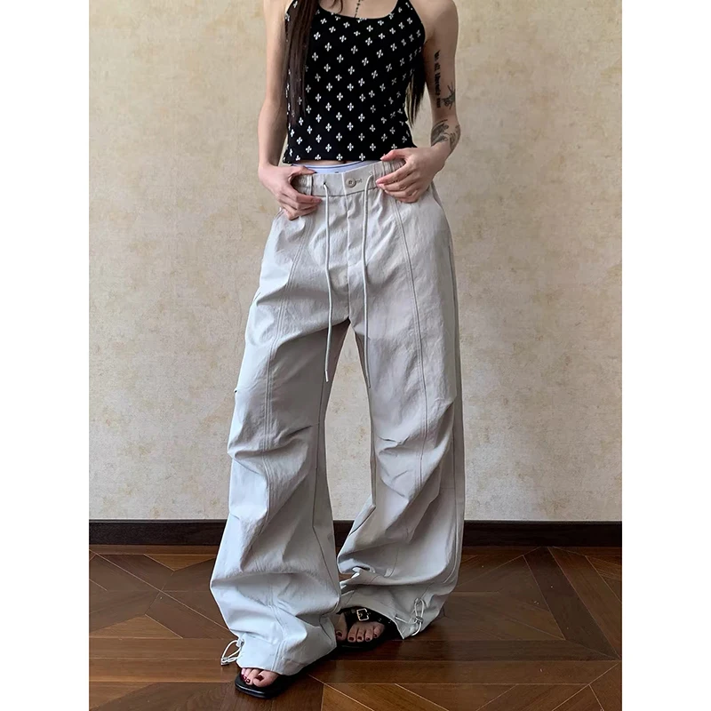 ZHIZOU Women Apricot Baggy Wide Leg Sweatpants Oversize Cargo Pants Harajuku Japanese 2000s Style Vintage Y2k Parachute Trouser