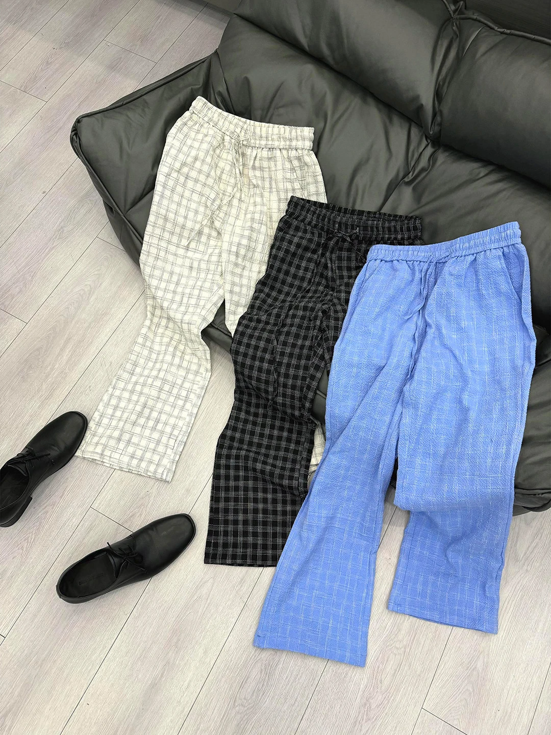 Loose Wide Leg Pants Ice Silk Thin Checkered Straight Casual Men's Quick Dry Summer Breathable Comfortable Youth Casual Trousers