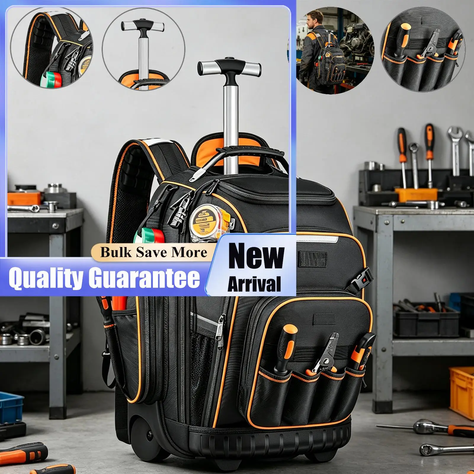 Tool Backpack USB Charging Port Electrician Backpack with Wheels Rolling Electrician Bag for Electrician Construction Mechanic