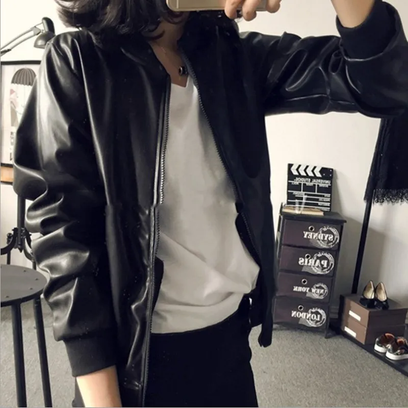 Women\'s PU Leather Jacket Zipper Moto Biker Coat Slim Fitting Solid Color Long Sleeve Casual Street Wear Zipper Black Top Autumn