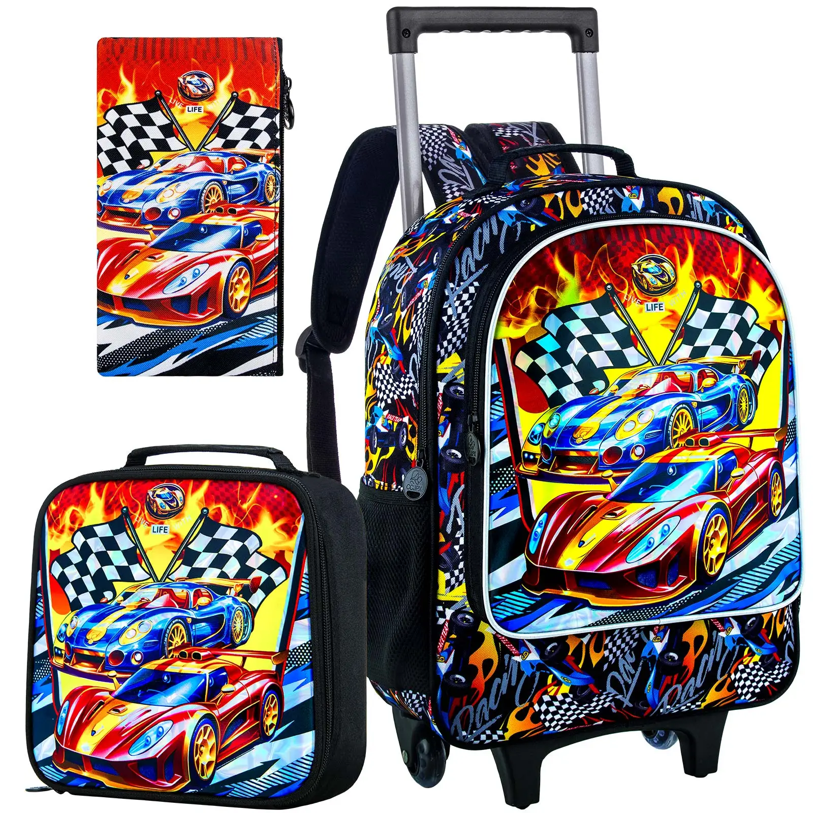 3pcs-racing-car-print-kids-rolling-backpack-set-boys-trolley-school-bag-with-lunch-bag-pencil-case