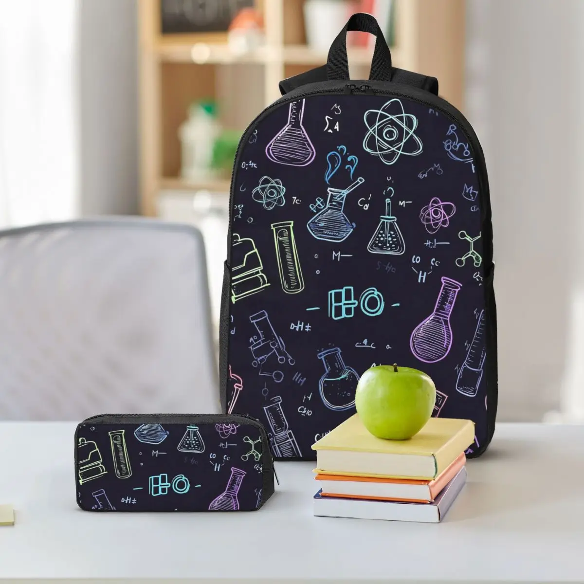 Scientific Experiment Element Style Backpack Boys Girls BookBag School Bag Shoulder Bags 3ps Insulated Lunch Bag Pencil Case