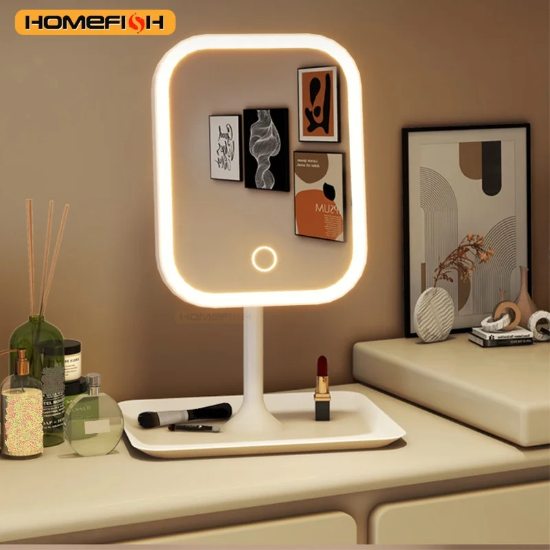 Niche Modern Desktop Vanity Mirror 3 Color Light LED Makeup Mirror Touching Mirror Women Bedroom Dressing Mirror