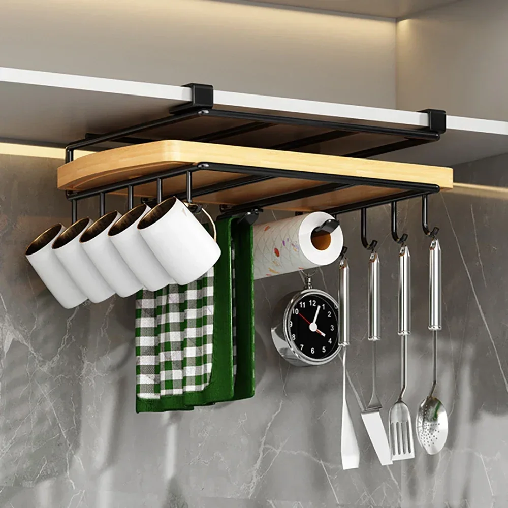 Kitchen Hanging Organizer Rack with Hooks Under Cupboard Paper Towel Hanger Pot Cover Holder Storage Shelf (No Wooden Board)