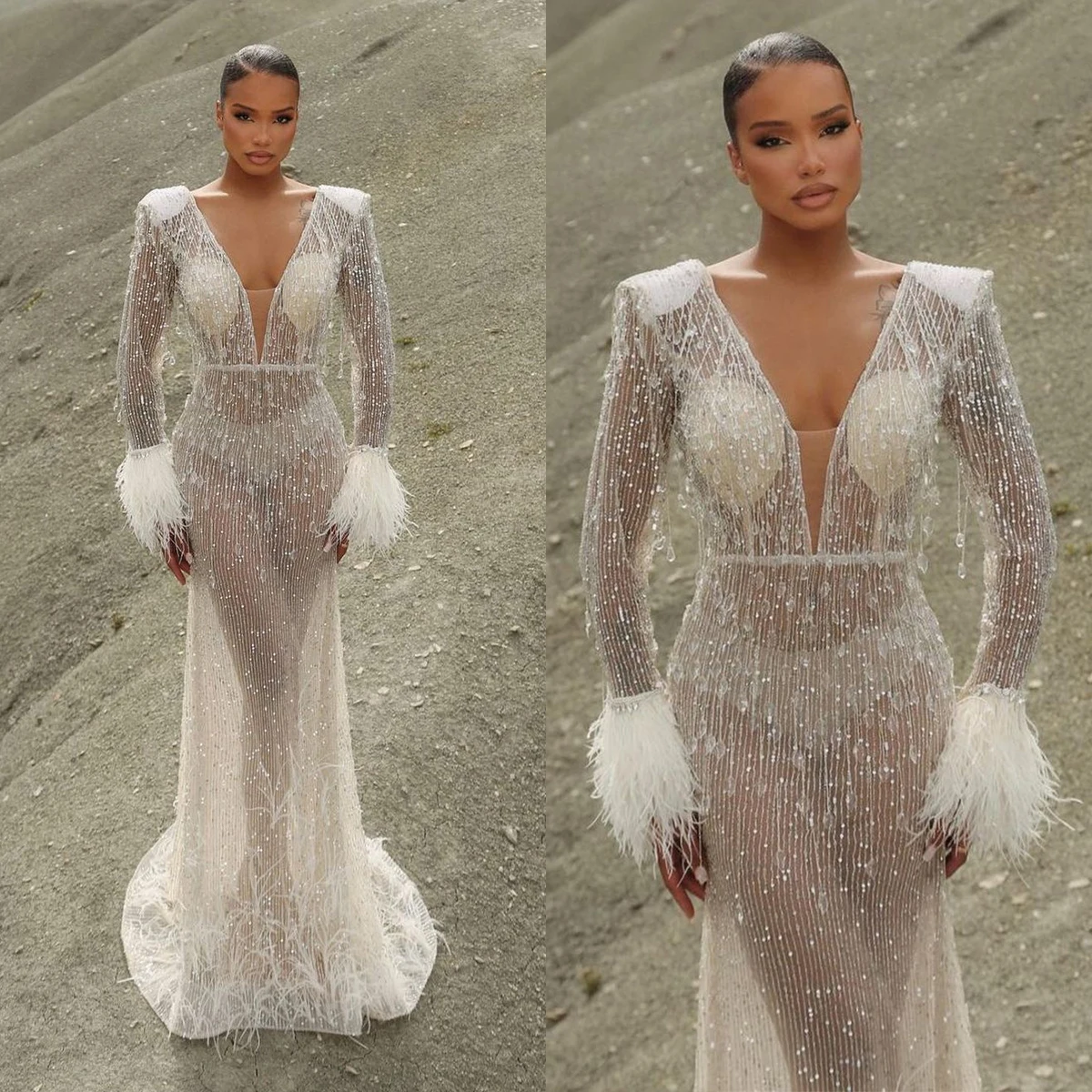 

Feathers Luxurious Dubai Bridal Gowns Illusion See Through Wedding Dress Custom Made Crystals Beading Vestido de novia