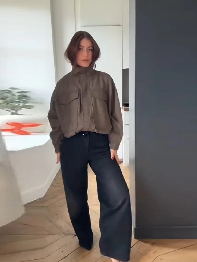 女性&男性 ミッドウエスト ブラック ジーンズ ファッション 折りたたみウエストバンド ワイドレッグ デニムパンツ ヴィンテージ ダーク カジュアル ハイストリート デイリーパンツ