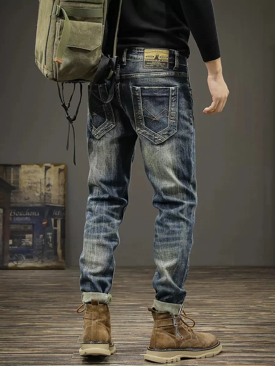 Fashion Designer Men Jeans Retro Blue Stretch Slim Fit Ripped Jeans Men Vintage Trousers Embroidery Casual Denim Pants Hombre