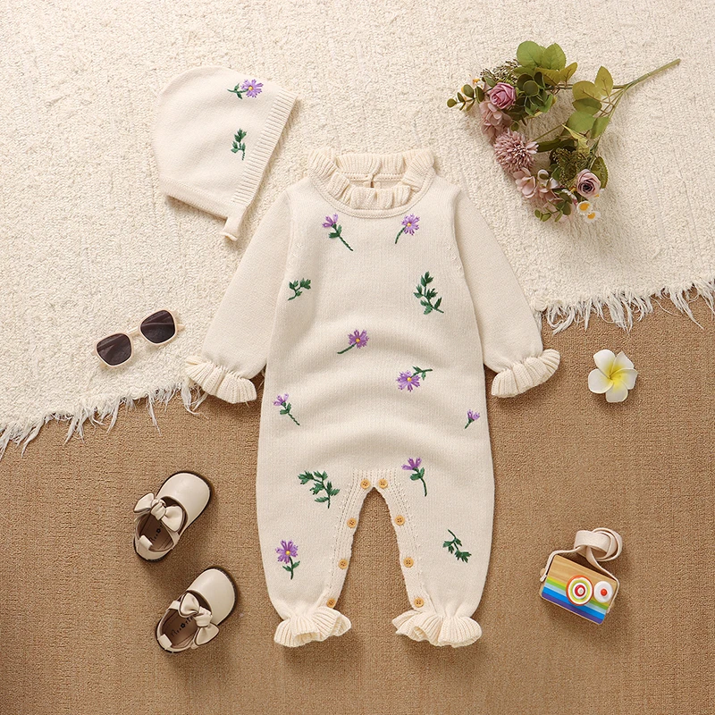 

Autumn Winter Floral Knit Baby Girls Rompers Clothes Newborn Babies Long Sleeve Jumpsuits Hats Outfits Sets 0-18m Infant Costume