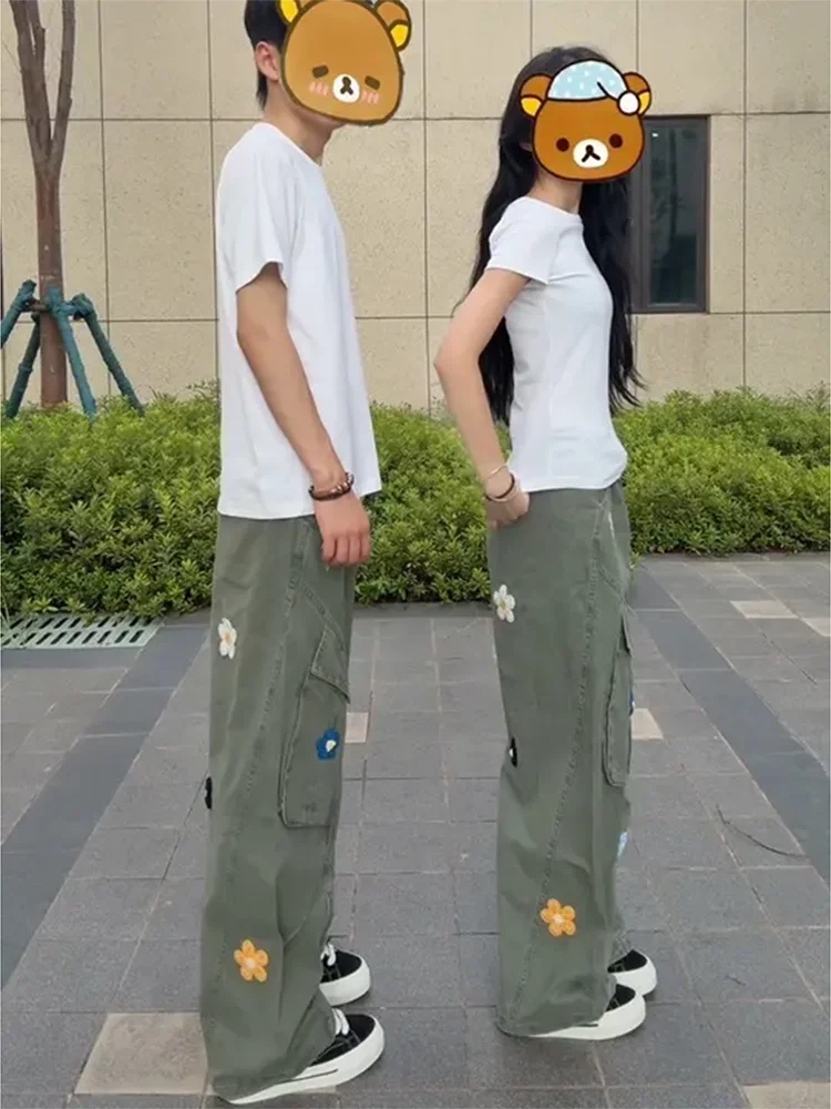 

Брюки унисекс с цветочной вышивкой, свободного кроя, прямые, в пол, для мужчин и женщин