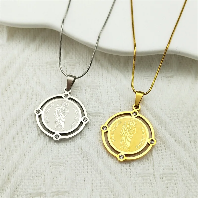 San Judas Tadeo Stainless Steel Medal Necklace for Women Men Rhinestone Gold Color Christian Amulet Chain Jewelry Gifts ZZZ819