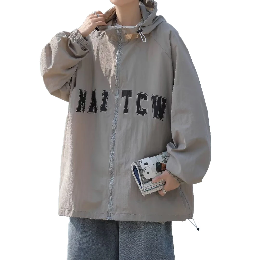 Stylish Comfy Jacket Coat Letters Long Long Sleeve Male Polyester Printed Slight Stretch Summer Suncreen Apricot