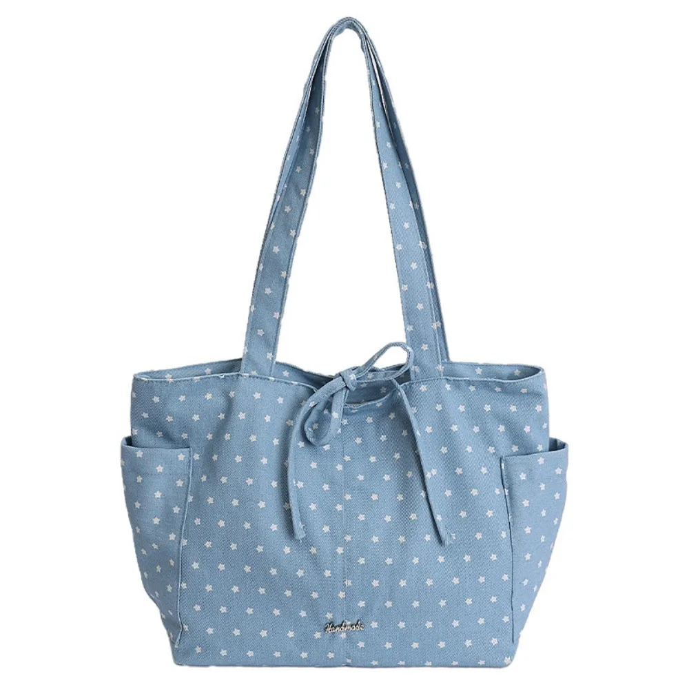 

Retro Korean Style Polka Dot Shoulder Bag Casual Canvas Bow Tote Bag Star Element Large Capacity Women Handbag Travel