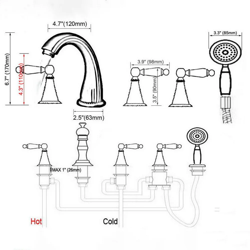 Antique Red Copper Bathroom Roman Tub Faucet 5 Holes Widespread Deck Mount Bathtub Hand Shower Mixers Tap Ltf191