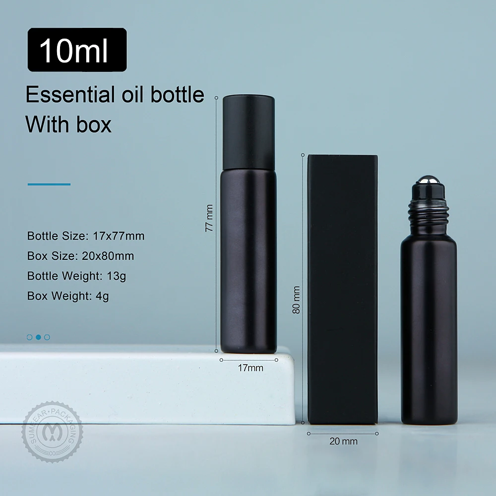 50Pcs/Lot 10ml Matte Black Essential Oil Bottle With Paper Box Roll On Perfume Bottle Cosmetics Container Print LOGO Pay Extra