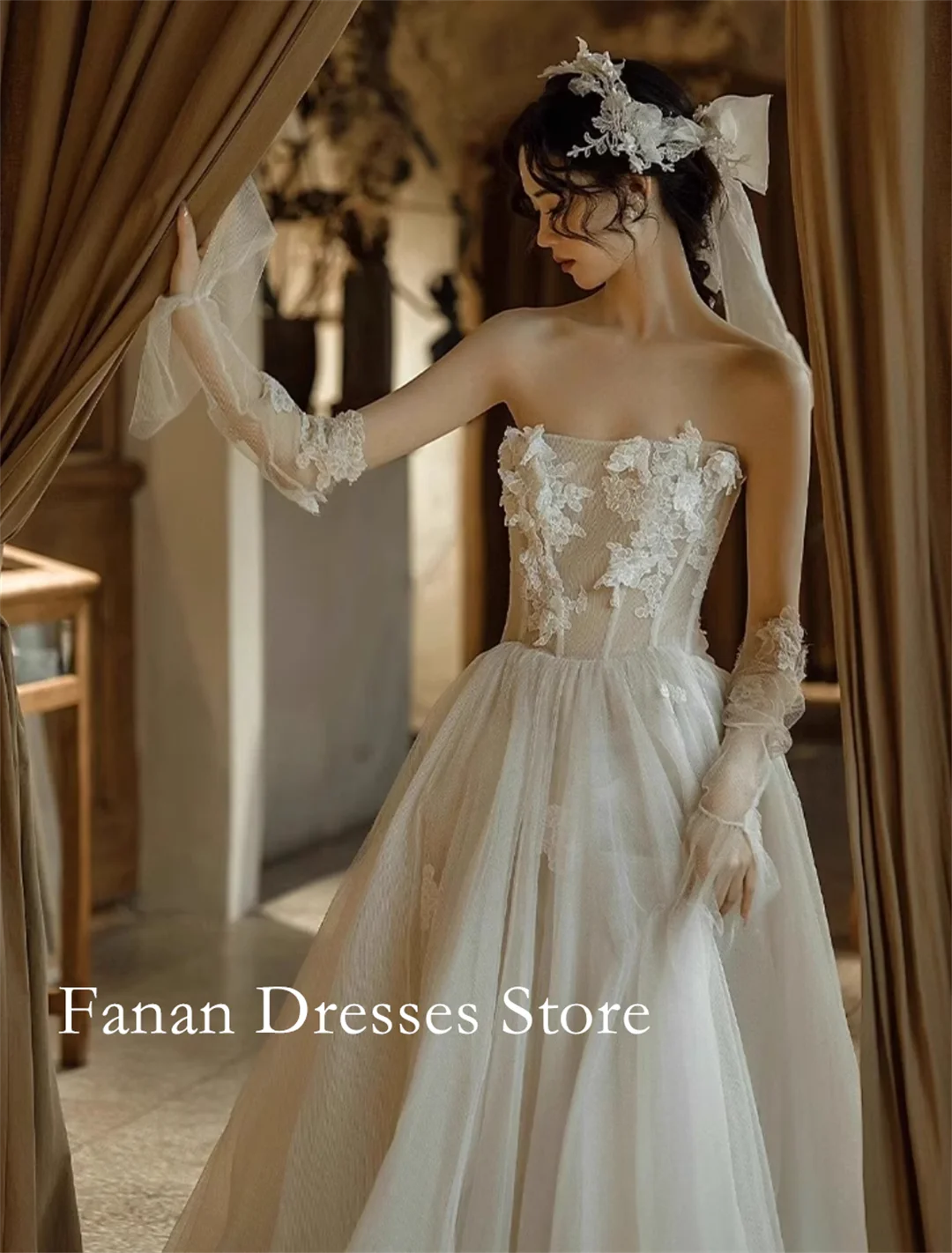 FANAN-vestidos de novia de corte en A, sin tirantes, Corea, tul, marfil, con cordones, apliques de encaje, bonitos vestidos de novia personalizados de talla grande