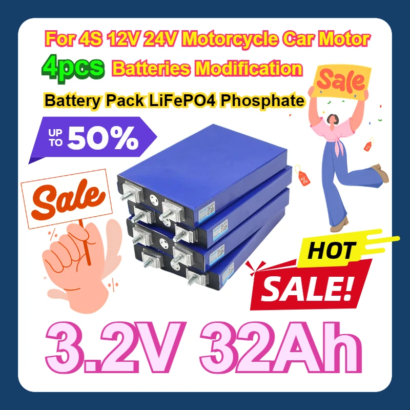 

For 4S 12V 24V Motorcycle Car Motor Batteries Modification Stud 4pcs 3.2V 32Ah Battery Pack LiFePO4 Phosphate 32000mAh