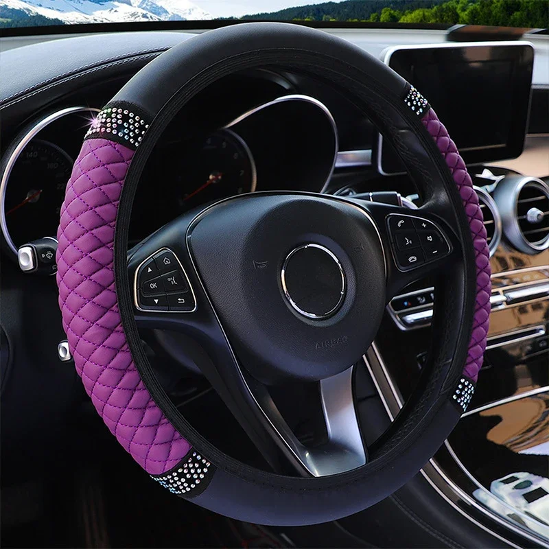 Universeller Auto-Lenkradbezug, 37–38 cm, Leder, bestickt, mit Diamanten besetzt, elastisch, für vier Jahreszeiten – Detail 2
